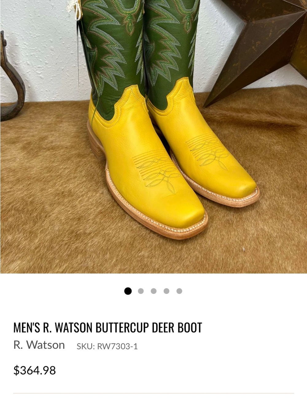 R. Watson Men’s Buttercup Yellow & Green Deer Leather Cowboy Boots